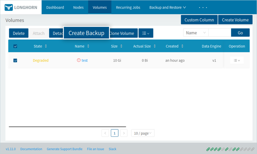 Click create backup screen in the Longhorn console