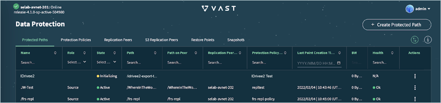 Vast Data Guide - Data protection screen