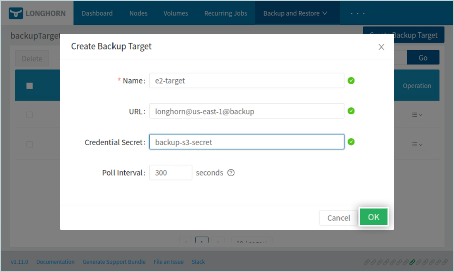 Enter backup target details in the Longhorn console