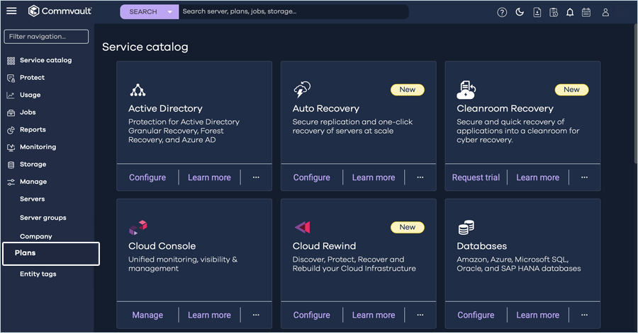 Commvault cloud guide - Navigate to plans screen