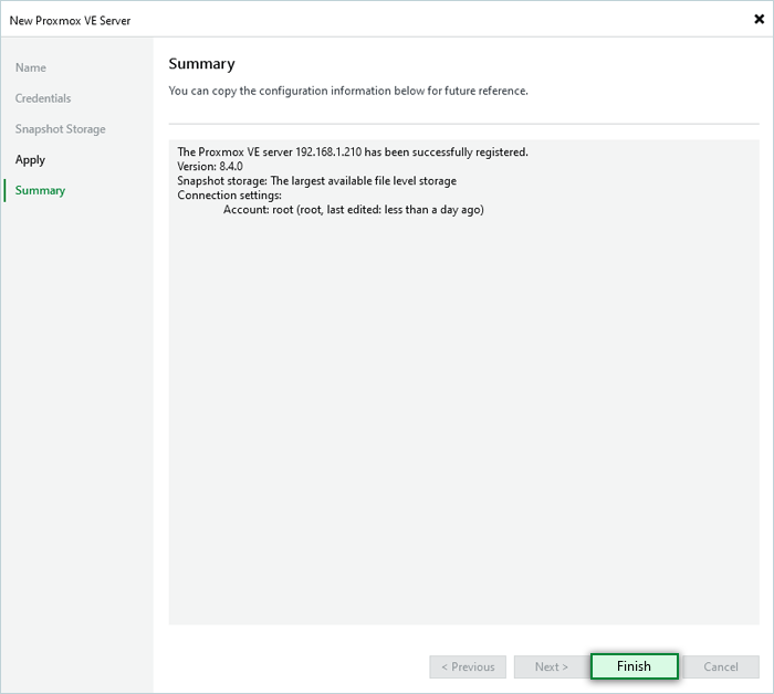 Veeam Proxmox Guide - click finish