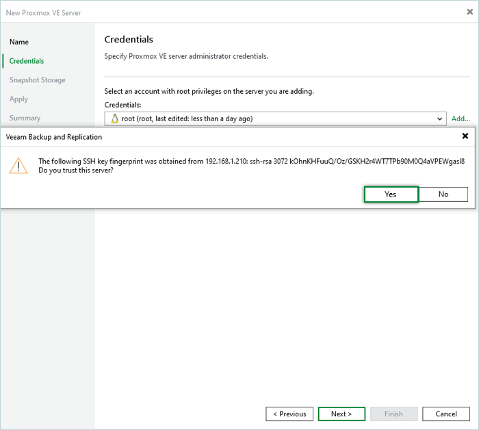 Veeam Proxmox Guide - confirm SSH key