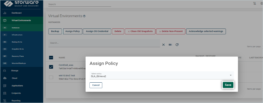 Storware guide - Save and assign policy screen