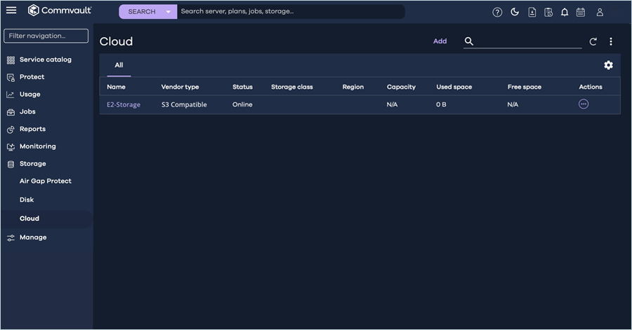 Commvault cloud guide - Cloud tab listing screen